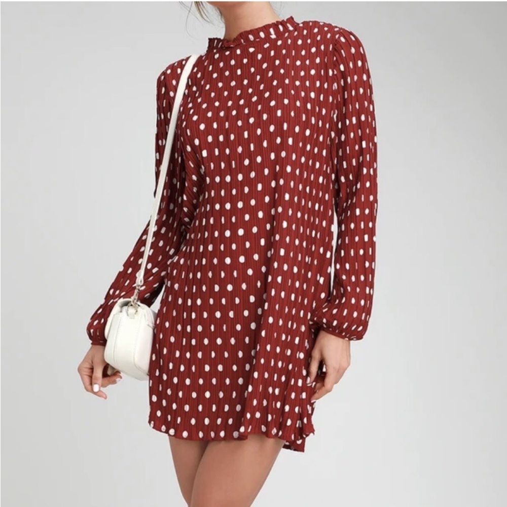 loveriche • Red Polka Dot Pleated Long Sleeve Dress • Size Small